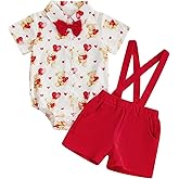 Doqcey Baby Boy Valentines Day Outfit Love Heart Short Sleeve Button Down Shirt Romper Suspender Shorts Set 2 Piece Clothes