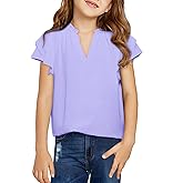Haloumoning Girls Ruffle Short Sleeve T Shirts Casual V Neck Chiffon Blouse Cute Summer Tops 5-14Y
