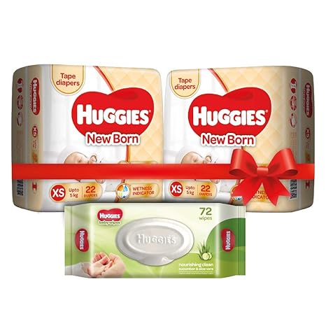 Huggies New Born Taped Diapers Combo Pack of 2, 22 Counts Per Pack (44 Counts) & Huggies Cucumber and Aloe Vera Baby Wipes (72 Count)