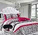 Home Style Teen Girls Hot Pink Black White Bedding Comforter Set Damask Zebra Bedspread +Matching Sham+ Decorative Throw Pillow Sleep Mask Polka Dot Fuchsia Paris Comforters Kids Girl (Twin Twin XL)