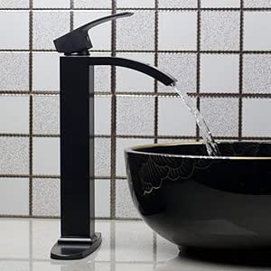 RTTGOR Grifo Grifo de baño Cascada Pintura negra con placa de cubierta