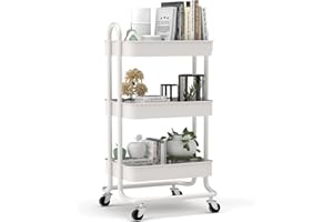 Hapiclody 3 Tier Utility Cart, Metal Rolling Cart with Wheels and Handle, Multi-Function Art cart Organizer Storage Cart for Bathroom, Office, Bedroom, Kitchen, Laundry, Art Room(Cream White)