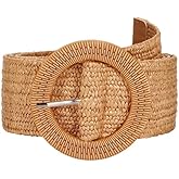 SUOSDEY Straw Woven stretchy Waist Belt for Women Dresses,Wide Boho Braided Elastic Belt with Round Buckle