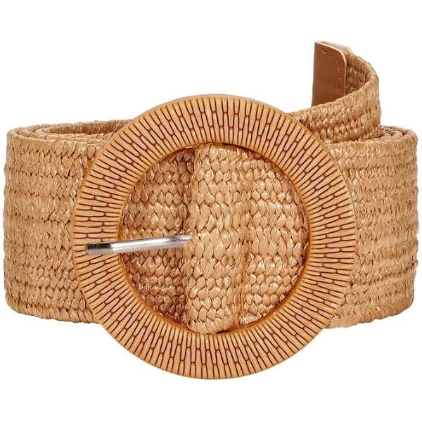 Woven Straw Raffia Belt with Round Wooden Buckle Tan Natural Boho Wide Cinch Amazon.com: WOWOGO Straw Woven Rattan Wide Stretch Straw  main image 2