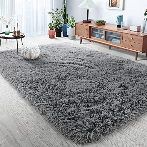 RUGVANE Grey Fluffy Area Rug 5x8 for Bedroom,Super Soft Rug for Living Room Decor,Fuzzy Rug for Baby Boy Girl Dorm Room,Shaggy Rug for Nursery Room,Plush Carpet for Playroom,Rectangle,Gray Furry Rug