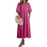 Dokotoo Summer Dresses for Women 2026 Casual Dresses V Neck Puff Sleeve Empire Waist A-Line Maxi Dress