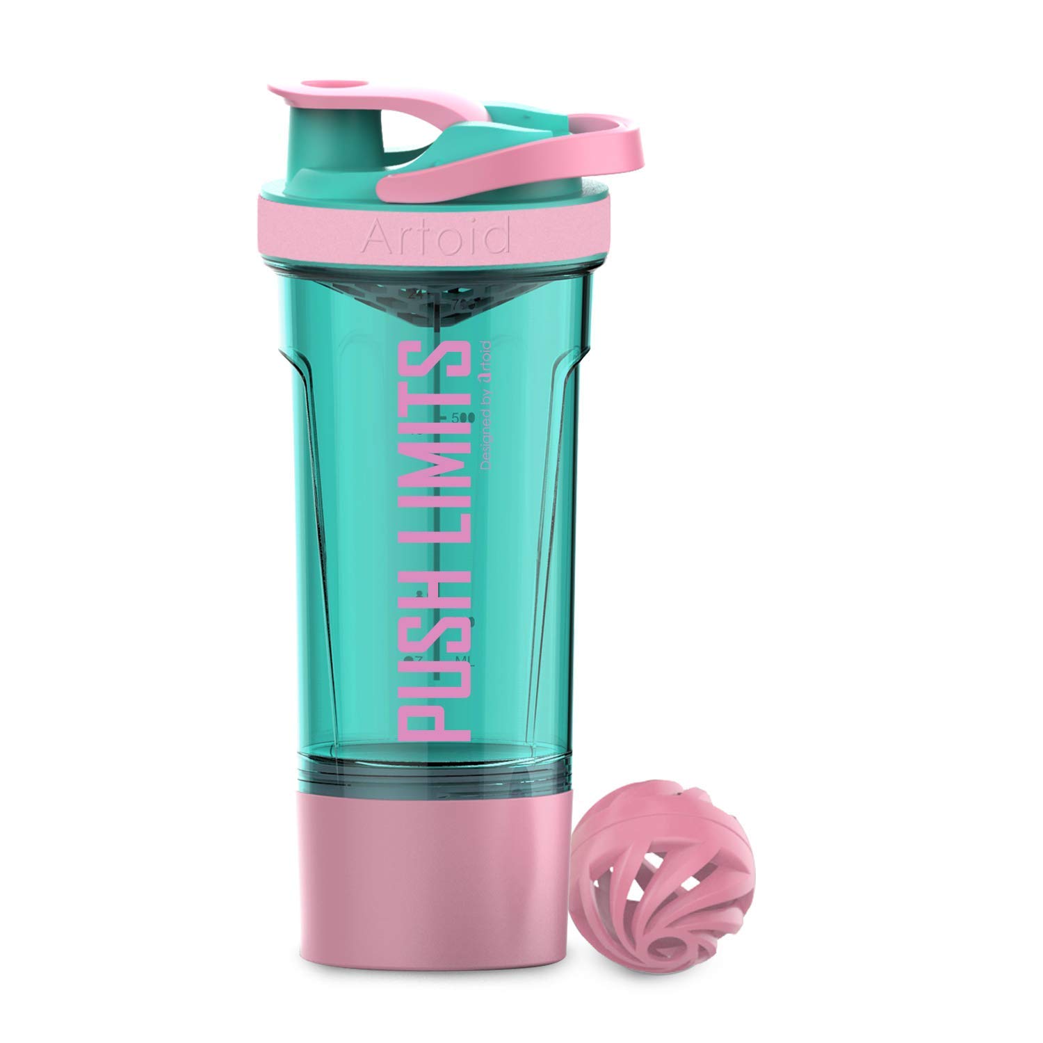 Artoid Mode 720ml Sports Fitness Workout Protein Shaker Bottle Aqua Pink with Twist and Lock Protein Box Storage with Shaker Balls Mixing Grids - BPA Free