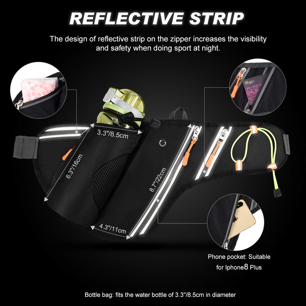 VBIGER Gürteltasche Trinkgürtel Hüfttasche mit Flaschenhalter wasserdichte Ultraleicht Bauchtasche Damen Herren für Sport Running Joggen Schwarz