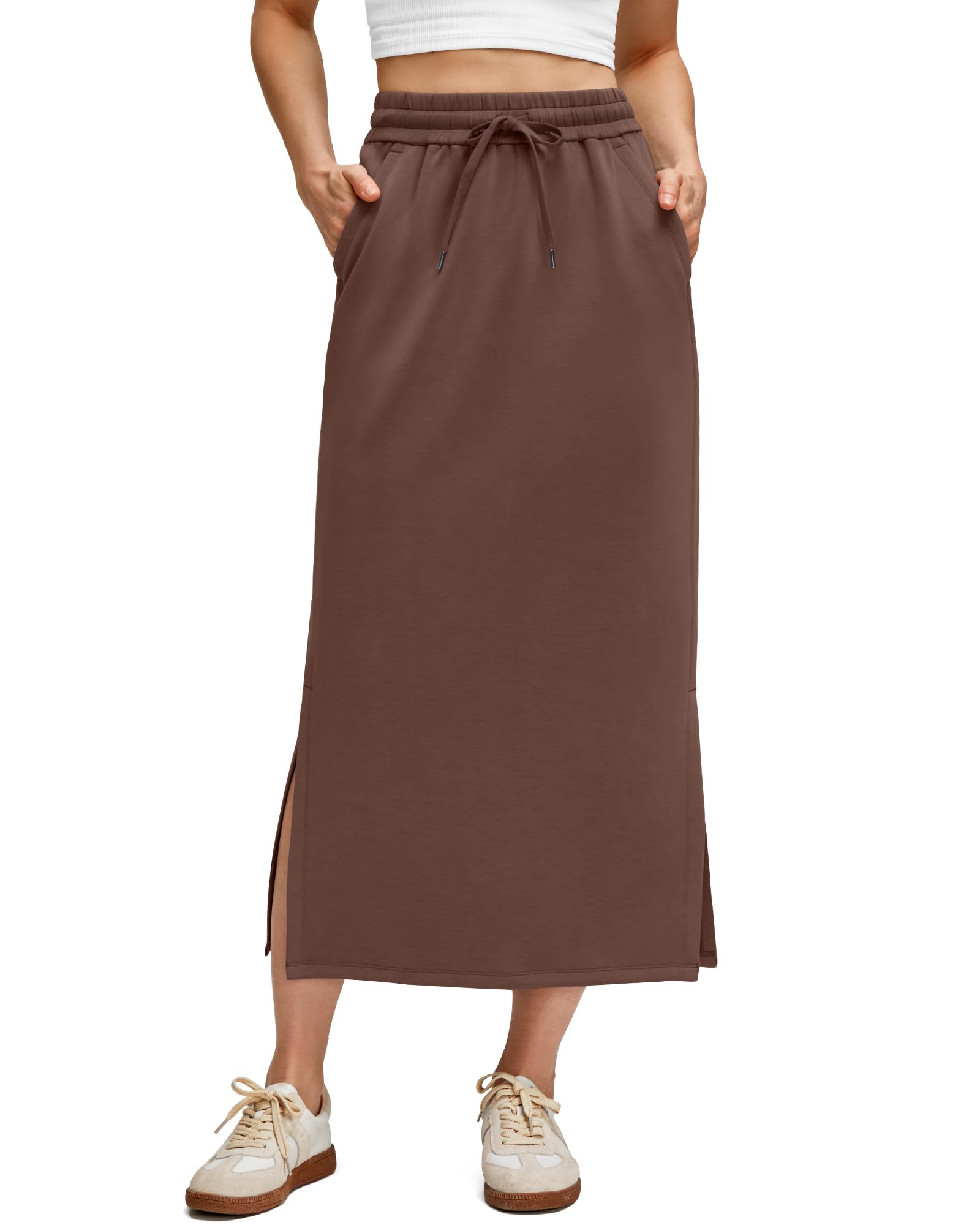Photo 1 of ***STAINS*** G4Free Maxi Skirt for Women Lightweight Silk Skirt Side Slits High Waist Casual Long Skirts with Drawstring (Coffee Brown,S)