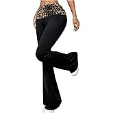 RoseSeek Women's Leopard Print Foldover Color Block Flare Pants Elastic High Waisted Bell Bottoms