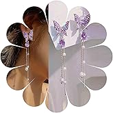 Erimberate Bohemian Purple Crystal Butterfly Earrings Silver Pearl Tassel Chain Drop Earrings Cz Teardrop Dangle Earrings Rhinestone Butterfly Stud Earrings Jewelry for Women Gifts
