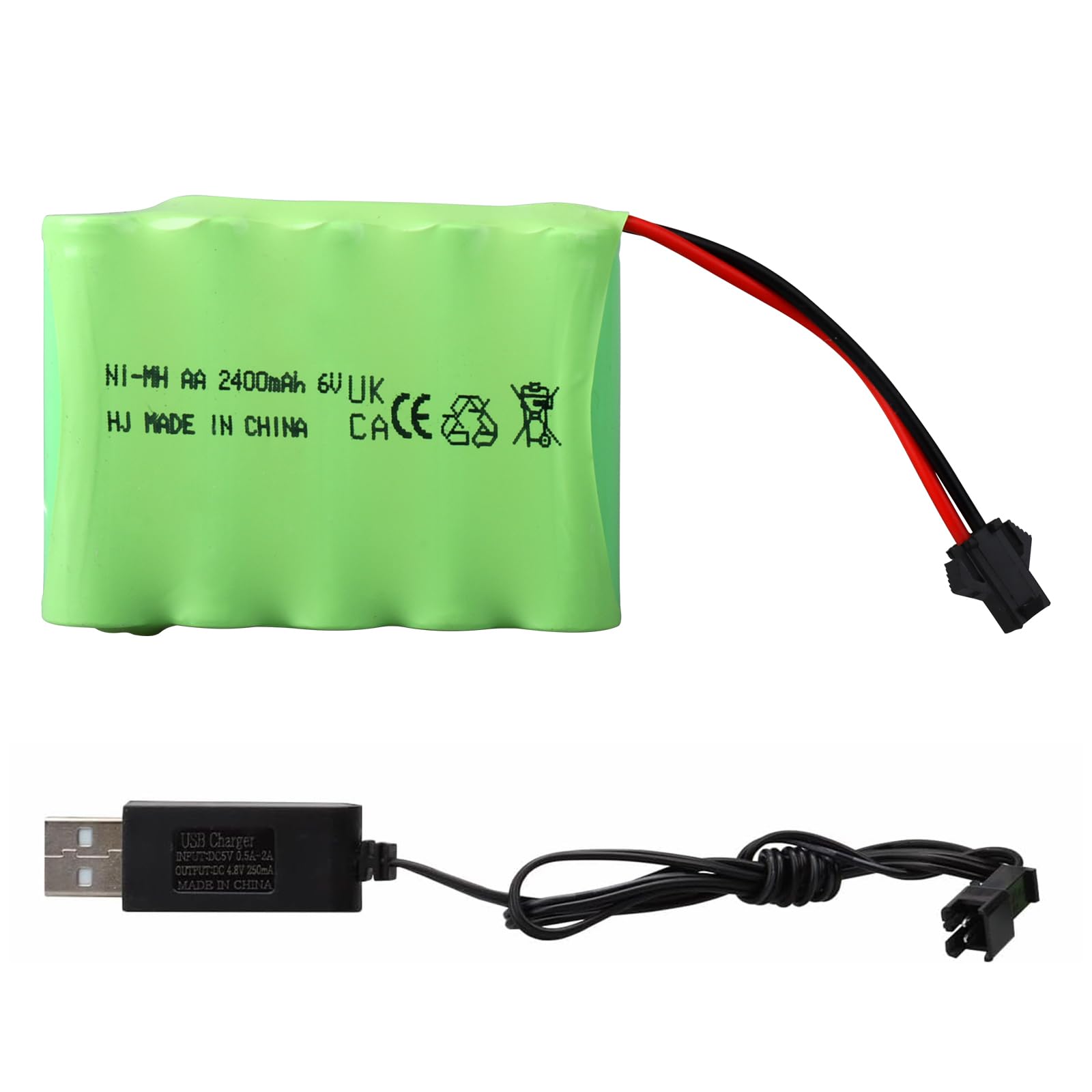 6V 2400mAh NiMH Battery Pack, Rechargeable SM-2P Plug with USB Charging Cable Suitable Compatible with RC/Remote Control Toy Cars, Buggy, Boats, Helicopter, Airplane, Airsoft Guns