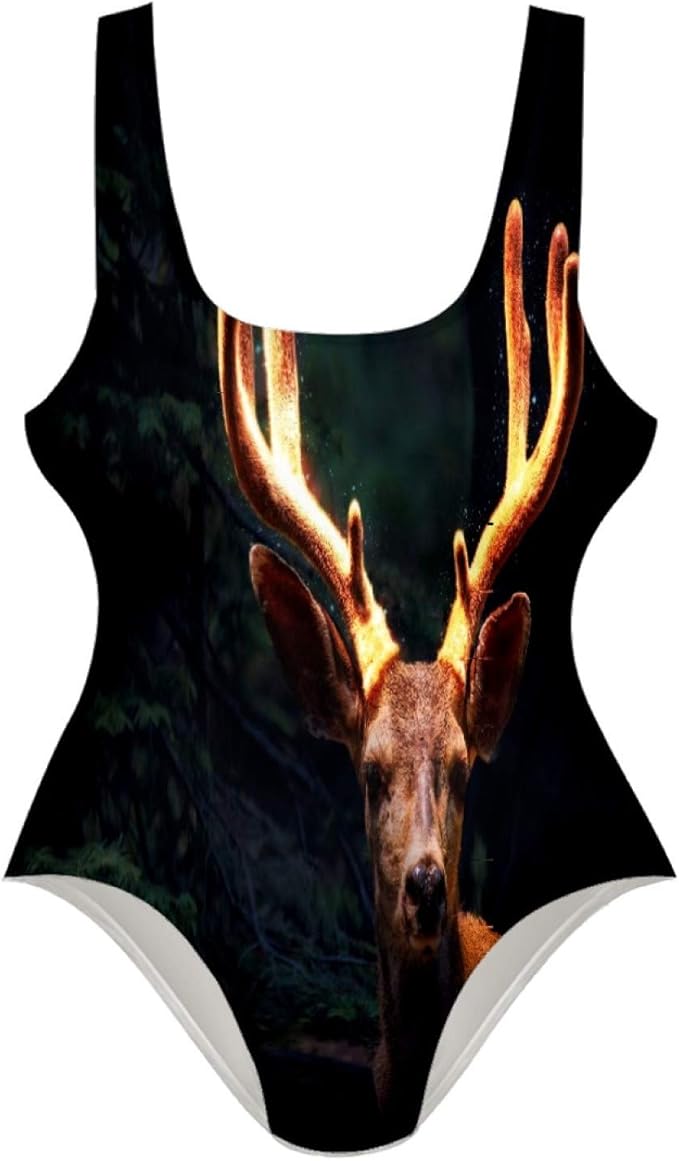Women Swimsuit Animal Deer Forest Tree Night Light Antlers One Piece