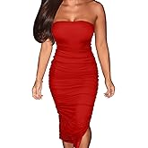 GOKATOSAU Women's Summer Strapless Mesh Bodycon Split Ruched Midi Party Dress