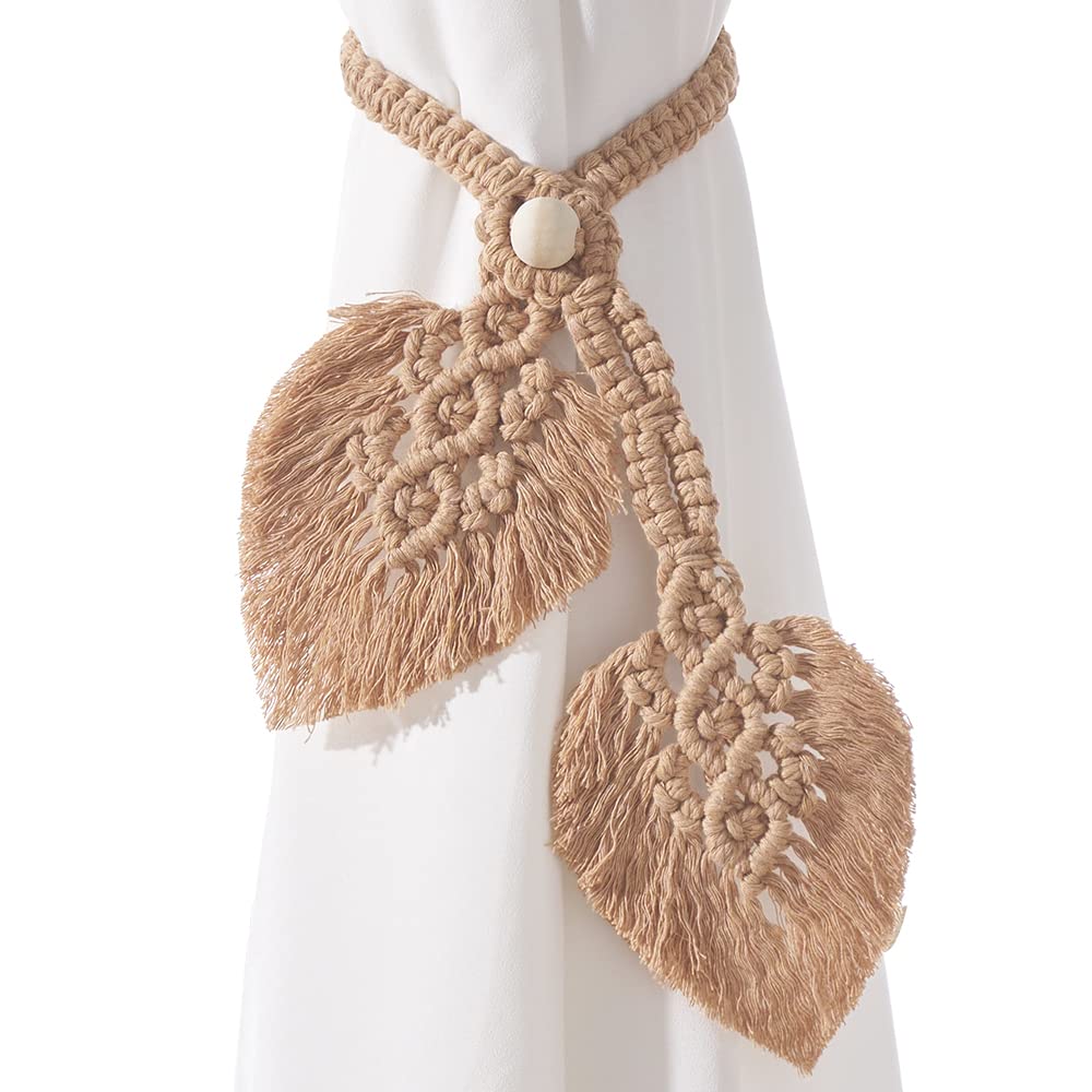 Photo 1 of 2 Pack Boho Curtain Tiebacks,Hand Knitting Cotton Curtain Holdbacks with Adjustable Natural Wooden Bead,Double Leaves Farmhouse Theme Curtain Tie Backs, for Indoor Outdoor Drapes Decorative,(Apricot)
