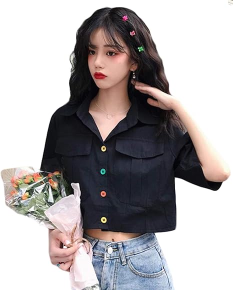 Amazon Bestmood レディース シャツ 半袖 ゆったり 韓国 カジュアルシャツ ボタン付き ファッション トップス ショート丈 へそ出し セクシー ホワイトシャツ おしゃれ 原宿系 夏 Freesize黒 シャツ ブラウス 通販