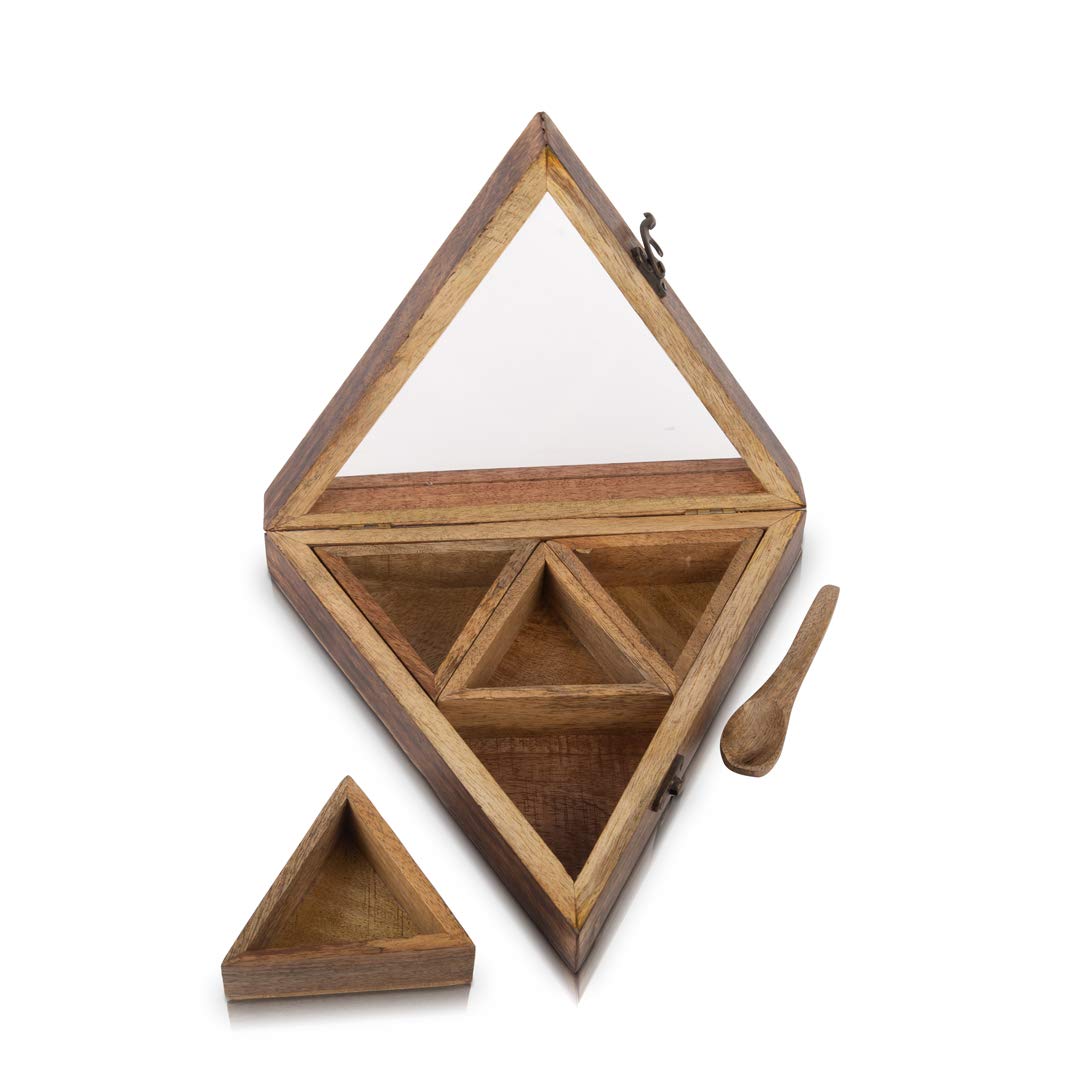 Handmade Wooden Seasoning Herb Spice Masala Box Container Holder Rack Stand Caddy With Spoon & Clear Lid Decorative Storage Chest Organizer For Kitchen Pantry Cabinet Drawer Storage