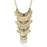 Bethynas Bohemian Ethnic Tribal Chunky Necklace Multilayer Long Tassel Turquoise Statement Neck Chain Retro Coin Gemstone Exaggerated Costume Accessories for Women
