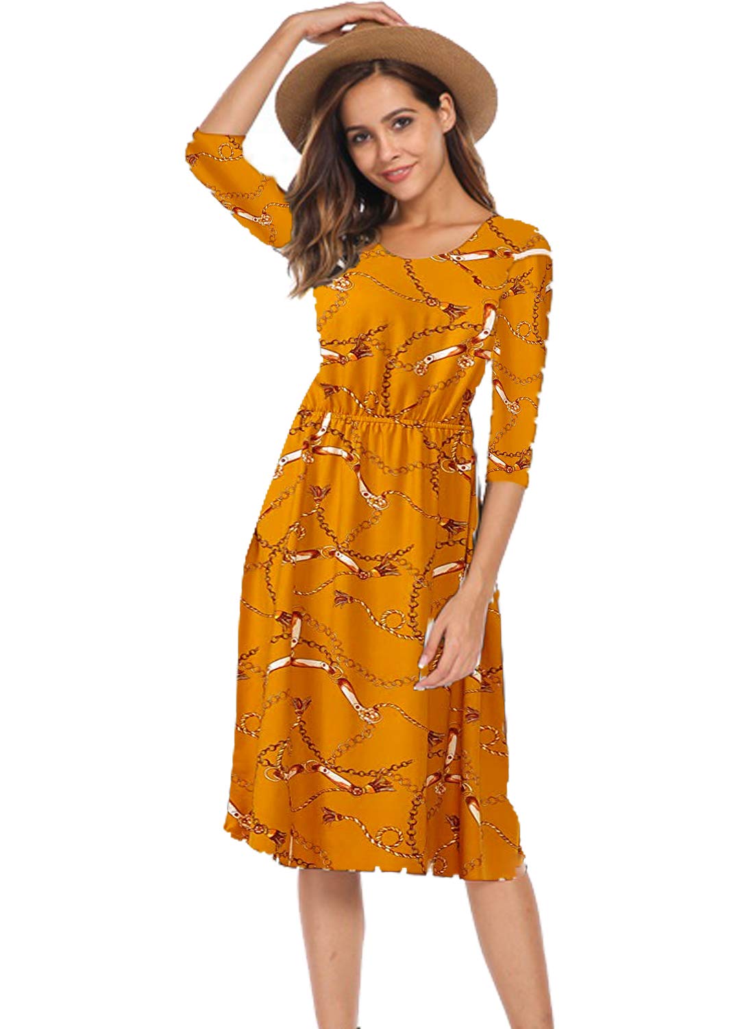 Womens 3 4 Sleeve Stripe Elastic Waist Casual Dress Pocket