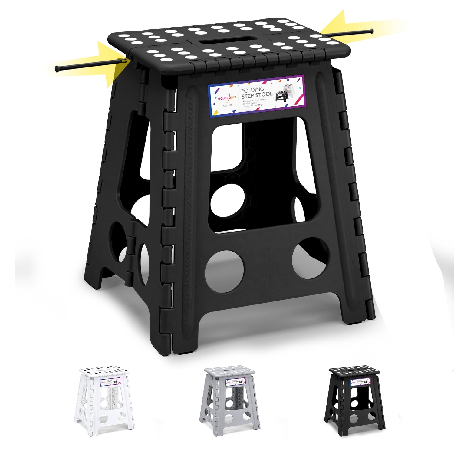 HOUSE DAY 16 inch(40cm) Folding Step Stool - Large Size Kitchen Step Stool for Adults Space Saving Folding Stool for Children & Adult Step Durable Plastic Stools Heavy Duty Foldable Stools-Black