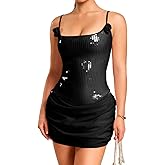 Kaei&Shi Sequin Mini Dress,3D Floral Spaghetti Strap Sparkly Dresses for Women,Sexy Homecoming Birthday Party Outfits