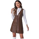 Allegra K Faux Leather Dress for Women's Pinafore Button Down V Neck Sleeveless Mini Overall Dresses