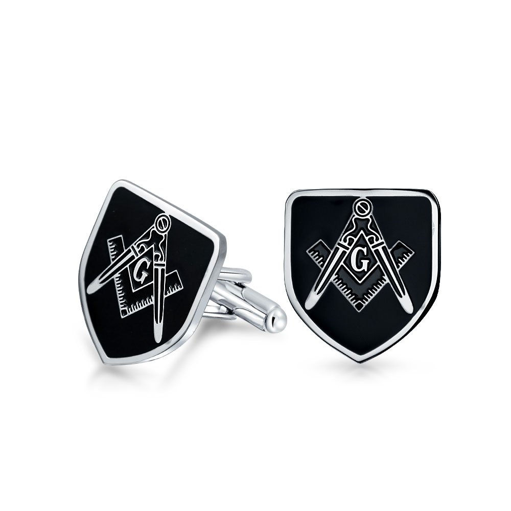 Shield Freemasons Compass Symbol Masonic Cufflinks For Men Black Enamel Two Tone Silver Tone Stainless Steel Hinge Bullet Back