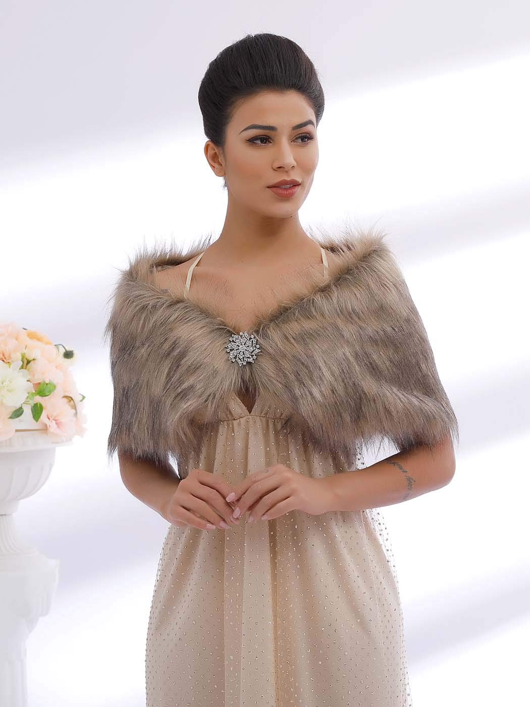 Aukmla Wedding Party Fur Wraps and Shawls Bridal Fur Stole Sleeveless Faux Fur Shawl with Stunning Rhinestones Brooch Aukmla Wedding Party Fur Wraps and Shawls Bridal Fur Stole Sleeveless Faux Fur Shawl with Stunning Rhinestones Brooch