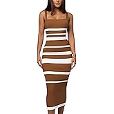 RomMoon Women's Casual Spring Summer Striped Midi Dress Ribbed Knit Sleeveless Bodycon Sweater Dresses