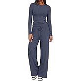 GFU 2 Piece Lounge Set Matching Sweater Sets for Women 2026 Comfy Ribbed Long Sleeve Top Wide Leg Pants Pajama Loungewear