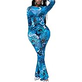Ophestin Sexy Two Piece Club Outfits for Women Print Mesh See Through Long Sleeve Top Flared Bodycon Pants Set