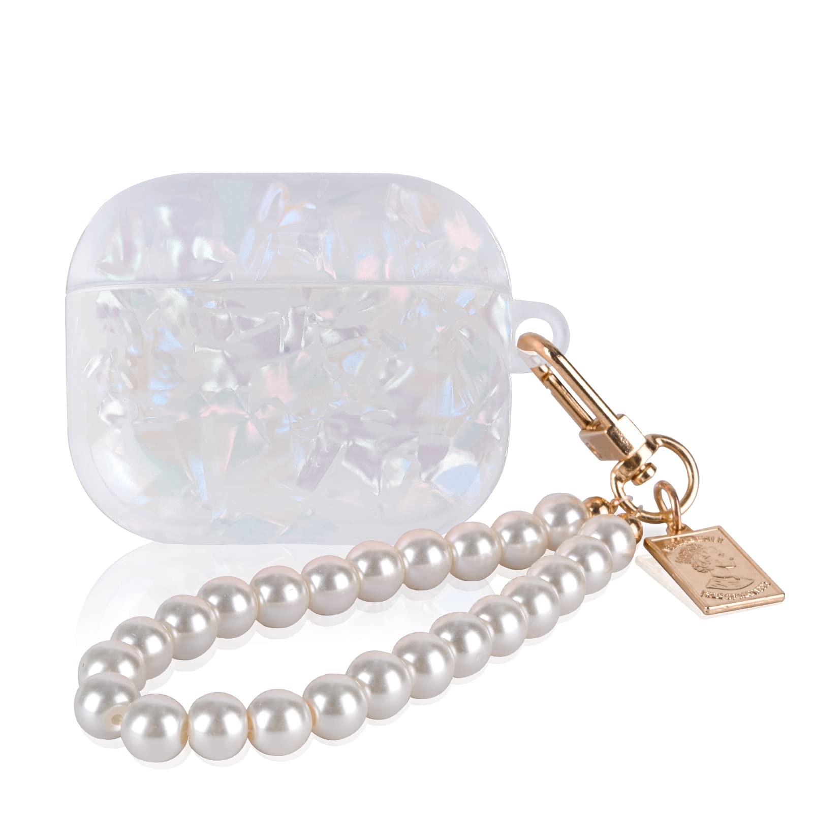 DiyGody Case Compatible for Airpods 3 Generation 2021 with Pearl Bracelet Keychain, Protective Cover with Sparkling Pearl Shell Design for Girls, Shockproof Anti-scratch Anti-slip TPU, Glittery White