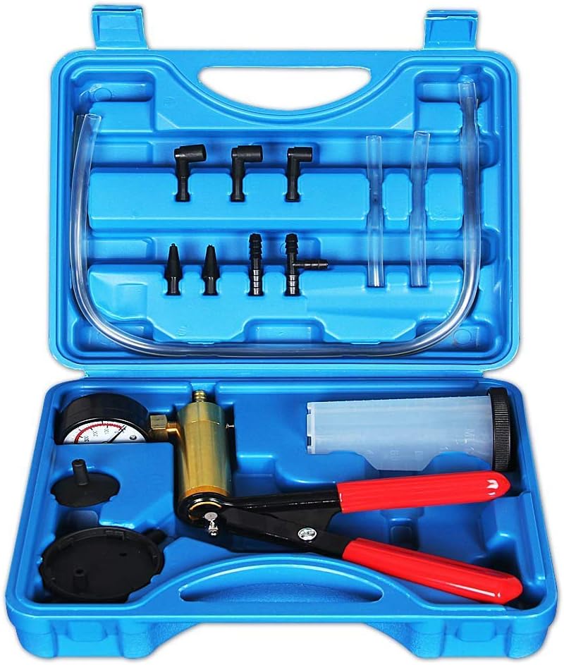 Andifany 2 In 1 Brake Bleeder Kit Hand Held Vacuum Pump Test Set For Automotive With Sponge Protected Case,Adapters,One- Brake And Clutch Bleeding System Gold + Blue