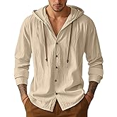 Mens Cotton Linen Button Down Hoodies Long Sleeve Casual Hoodies Hawaiian Beach Top Lightweight Fashion Shirts