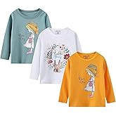 Girl Long Sleeve Shirts Christams Tops Tees Cotton Casual Stripe Crewneck Graphic Jersey Tunic T-Shirts 3 Packs Sets