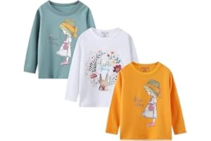 HILEELANG Girl Long Sleeve Shirts Christams Tops Tees Cotton Casual Stripe Crewneck Graphic Jersey Tunic T-Shirts 3 Packs Sets