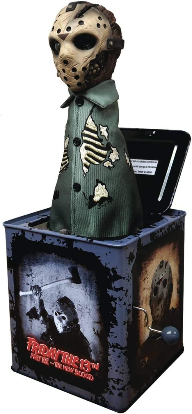 Friday the 13th Burst a Box Jason Vorhees Springdevil Mechanical Music Box with Sound Made from Tin with Plastic Jumping Devil Figure