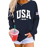 Dressmine Womens USA Shirt Casual Long Sleeve Graphic Tees Knit Crew Neck Sweatshirts Loose Pullover