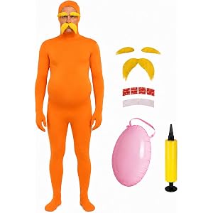 Joyvilun Orange Jumpsuit Halloween Costume for Men & Women with Inflatable Belly, Yellow Mustache & Eyebrows