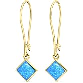 14K Gold Plated Blue Opal Square Dangle Earrings - Drop Earrings for Women - October Birthstone, Handmade 6X6mm Square Gemstone Vintage Jewelry - Trendy and Classic Elegant Gift for Women
