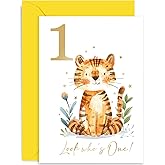 Old English Co. First Birthday Card for Young Boy or Girl - Unisex Age 1 Year Old Birthday Gift for Him Her - 1st Birthday Tiger Gold Foil Design - For Son, Daughter, Grandson, Granddaughter