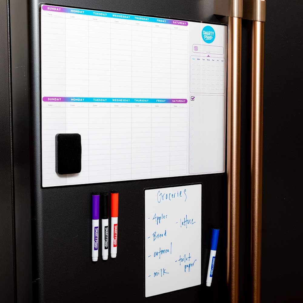 SmartyPlans Dry Erase Weekly Extra Thick Magnetic Calendar for Refrigerator: 17x13" Two Week Planner and 6x9" White Board, 4 Fine Tip Markers and Eraser with Magnets. Stain Resistant. Shipped Flat. : Office Products