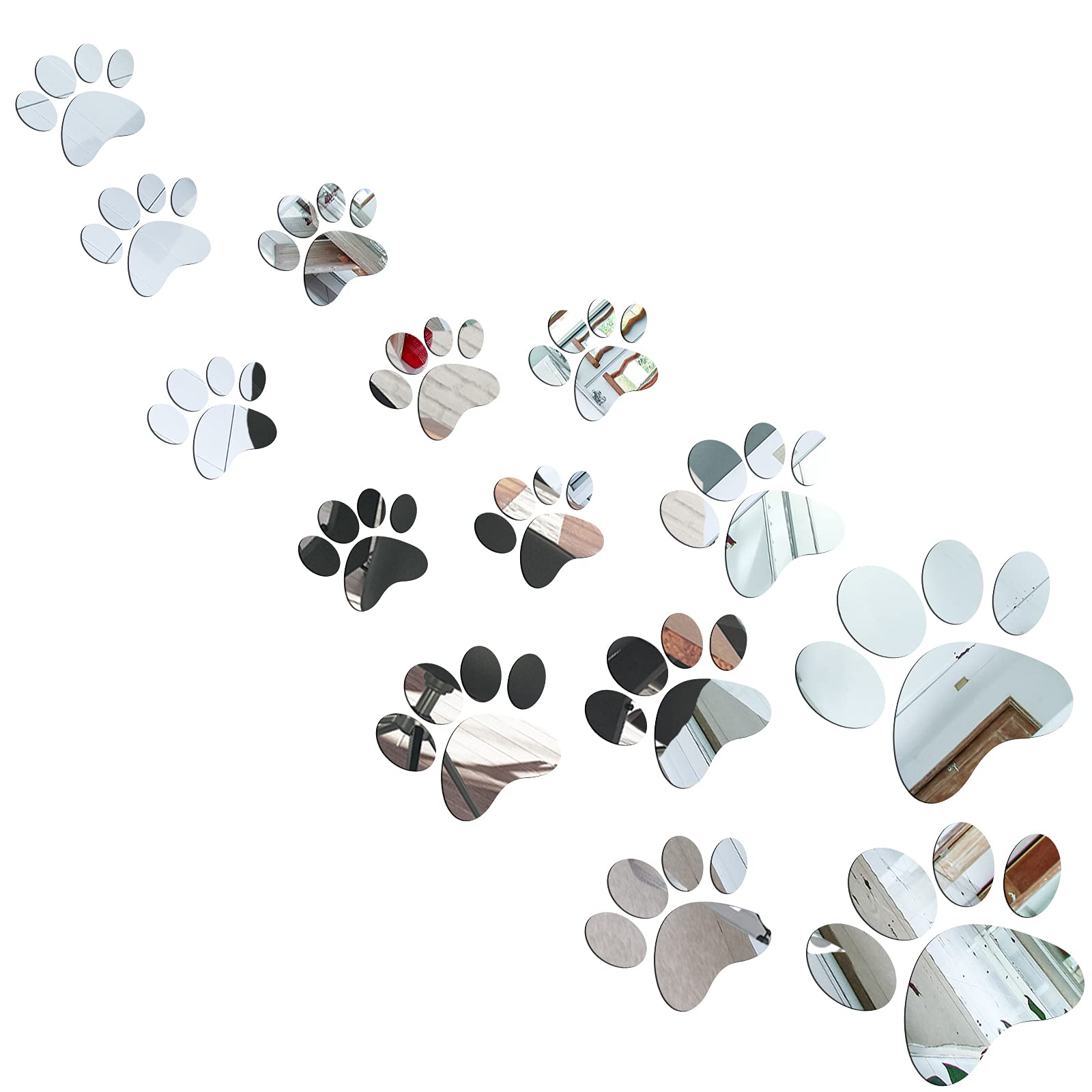 Photo 1 of Tenare 14 Pcs Dog Paw Print Mirror Stickers Paw Prints Acrylic Mirror Wall Sticker Removable Dog Pup Wall Decors for Bathroom Living Room Bedroom Art Nursery Kids Children Home Decor-3 Sizes(Silver)
