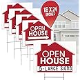 Open House Real Estate Signs – 18x24 Inches 5 Pack Set - Double Sided Red Property Yard Sign Bulk Pack - Includes 5 Heavy Duty Rust Free H Wire Stakes - Large Directional Arrows Realtor Agent Supplies