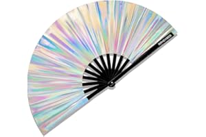 Ravevibes 13" Large Glitter Holographic Rave Hand Fan, Folding Lridescent Festival Edm Clack Fan Foldable for Rave Outfits Accessories Festival, Club, Party, Dance for Women, Holographic White