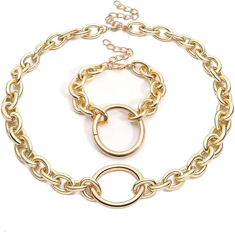 Huture Retro Punk Style Hip Hop Costume Jewelry Snake Curb Turnover Chain Necklace Bracelet Set Fully Adjustable Durable Strong Removable Delicate for Men Women, Gold : Clothing