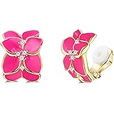 FIASASO Flower Clip on Earrings for Women Colorful Statement Petal Clip Earring for Non Pierced Fake Earrings White Crystal White Pink Black Yellow Petal