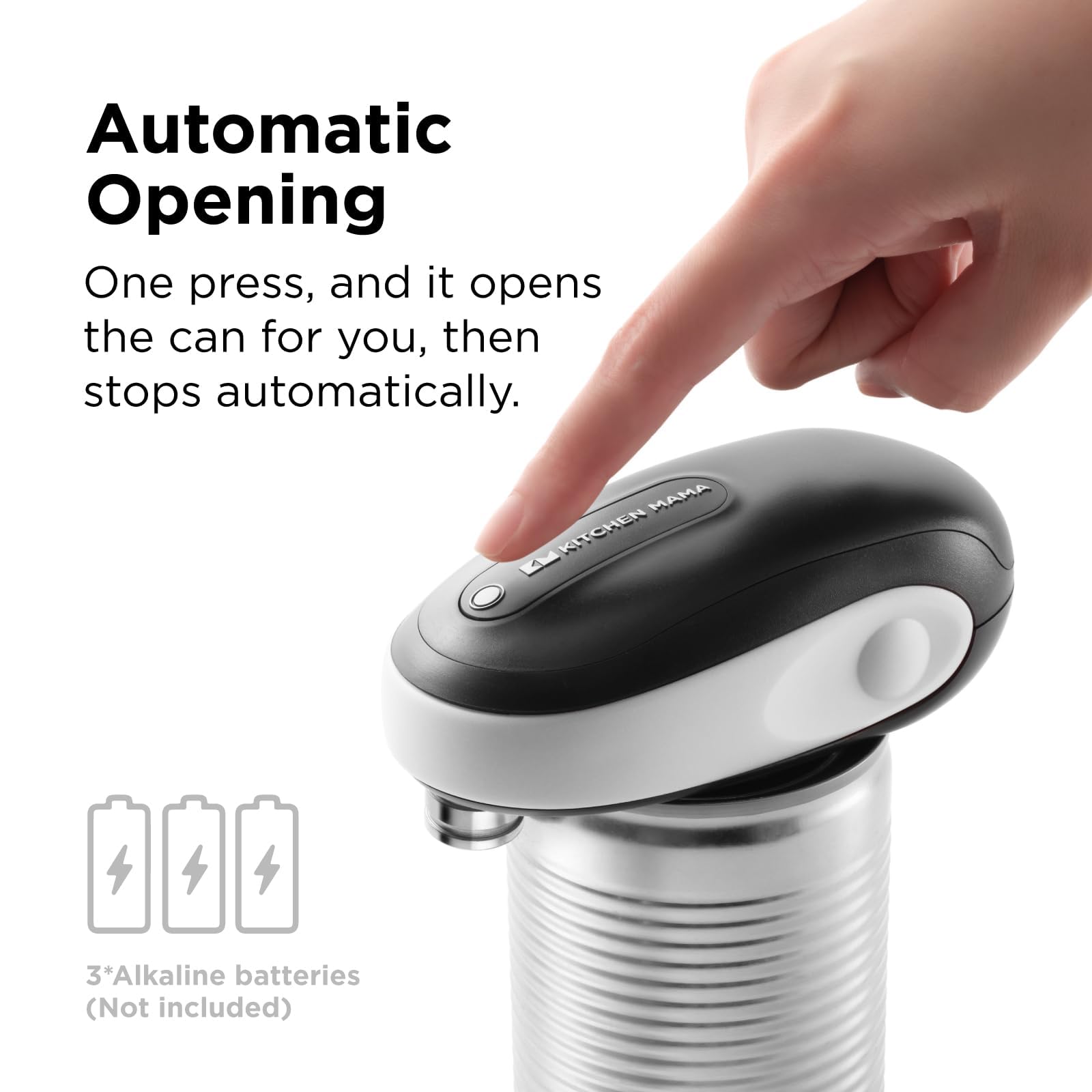 Kitchen Mama One-To-Go Electric Can Opener: One-Touch Operation, Auto-Detect Can Shapes, Auto-Stop, Smooth Edge, Lid Lift, Battery Operated (White)
