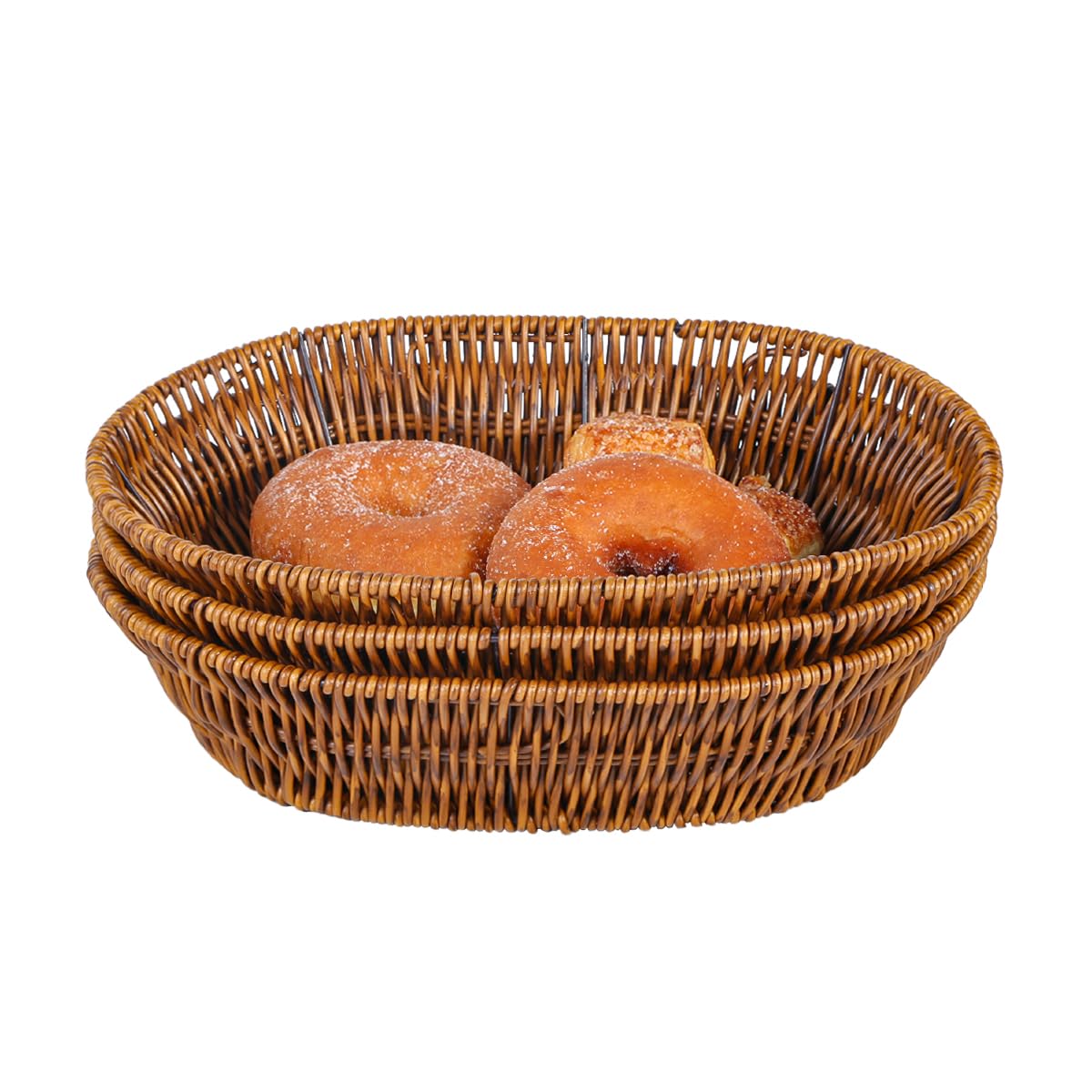 Photo 1 of Fvstar 3pcs Poly Wicker Bread Basket,Imitation Woven Fruit Basket Tabletop Tray,Handwoven Oval Food Vegetable Baskets for Serving Display Storage Kitchen Restaurant Market Showcase (Oval)