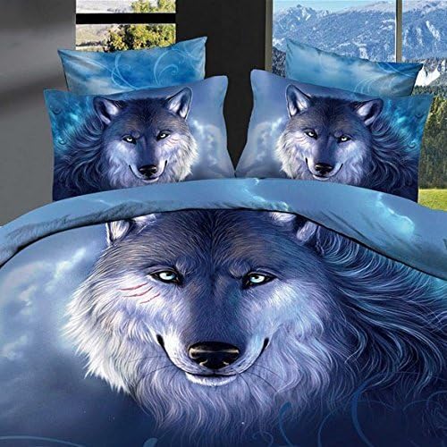 Queen Size Wolf Painting Bedding Sets Wolf Printed 3D Cotton Painting Bedding Sets,Blue